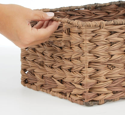 mDesign Woven Farmhouse Kitchen Pantry Food Storage Organizer Basket Bin Box - Container Organization for Cabinets, Cupboards, Shelves, Countertops - Store Potatoes, Onions, Fruit, 3 Pack, Brown Ombre