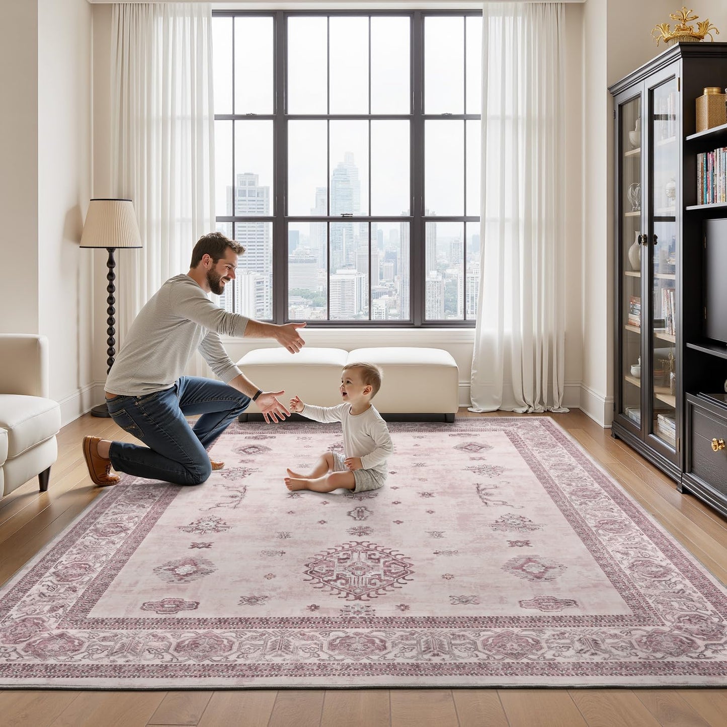 AMOAMI-Vintage Area Rug 8X10 Pink Rugs for Living Room-Soft Living Room Rug Non Slip Rugs for Bedroom Carpet Machine Washable Rug for Dining Room Bedside Office Room Decor