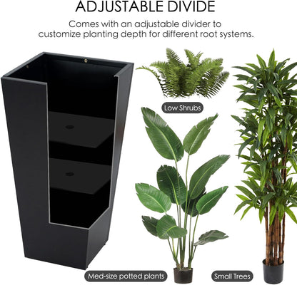 Kozyard 15.4" x 15.4" x 30" Tall Taper Black Metal Planter Flower Plant Pot Indoor Outdoor Planters Steel Flower Pot All-Weather Use with 2 Partition Panels for for Trees, Plants Flowers
