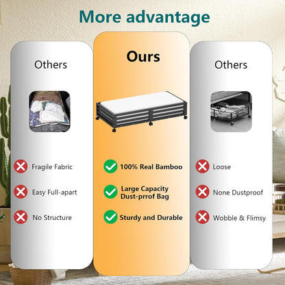 Bamboo Under Bed Storage Containers- Underbed Organizer with Wheels with Large Dust Bag,Sturdy Wood Rolling Under the Bed Shoe Storage Organizer Drawer 2 Packs (Black, Long)