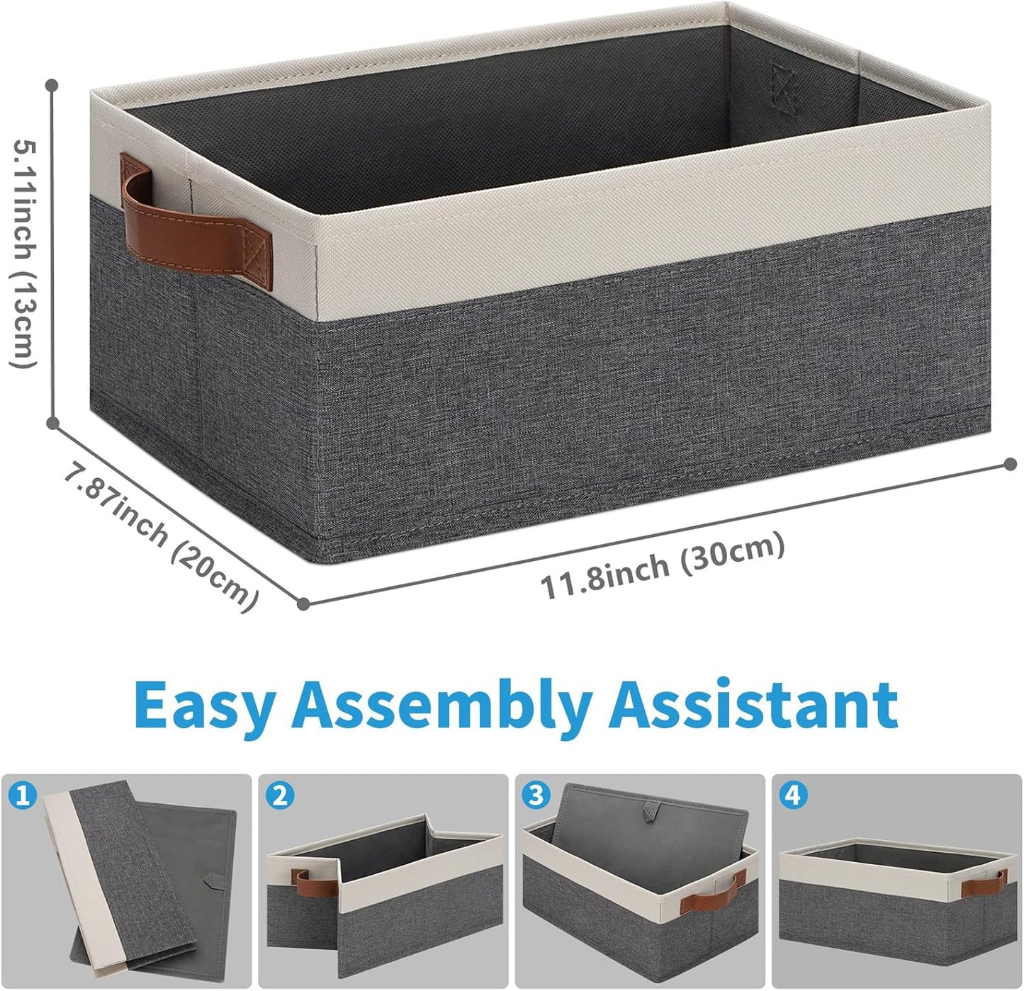 GhvyenntteS Small Fabric Storage Bins 12 Pack, Storage Basket with Leather Handles, Closet Storage Bins for Shelves, Storage Baskets for Shelves, Home, Office (Grey/White, 11.8" x 7.87" x 5.11")