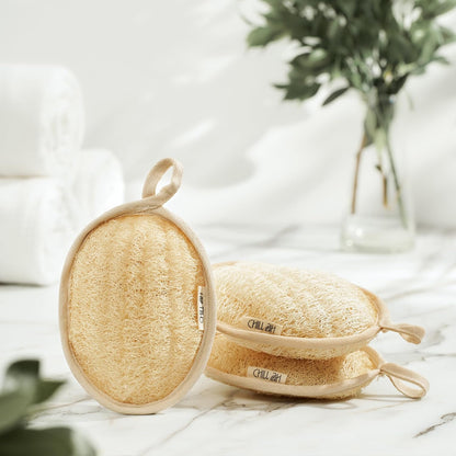 Chill Ah Green Glow All Natural Exfoliator Dual Sided Loofah Bath Sponge Set – 100% Plant-Based, dye-Free, Biodegradable, Scratch-Free, Handcrafted in Vietnam (2-Pack)