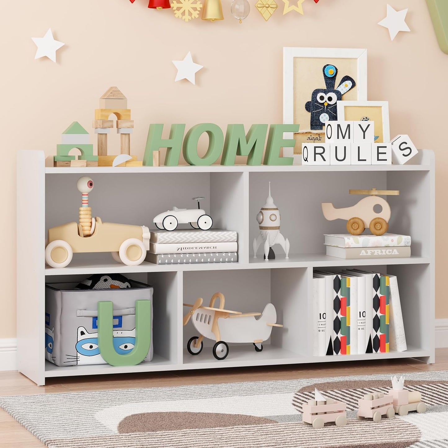 Book Shelf, 5 Cubes Storage Organizer, Open Bookshelf Wooden Bookcase, Freestanding White Bookshelf Cube Shelf for Bedroom, Living Room