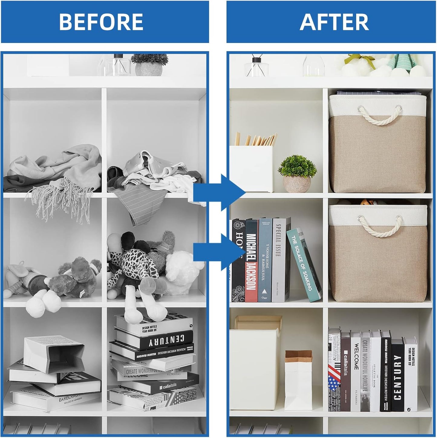 Temary Fabric Storage Baskets 2 Pack Decorative Storage Bins Basket for Gifts Empty Shelf Baskets with Handles for Organizing Home Closet, Towels (White&Khaki,16Lx12Wx12H Inches)