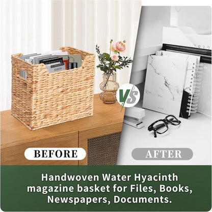 Magazines Holders, Handwoven Magazine Basket for Bathroom, Water Hyacinth Wicker Magazine Rack for Books, Files, Newspapers, Rectangular, 14.2 x 11.4 x 6.7 inch