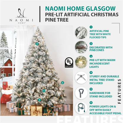 Naomi Home 6.5ft Christmas Tree with Lights, Realistic Prelit with Hinged Design with Foot Pedal, 2041 Branch Tips, 400 Warm Lights and Metal Stand, Aritificial Tree