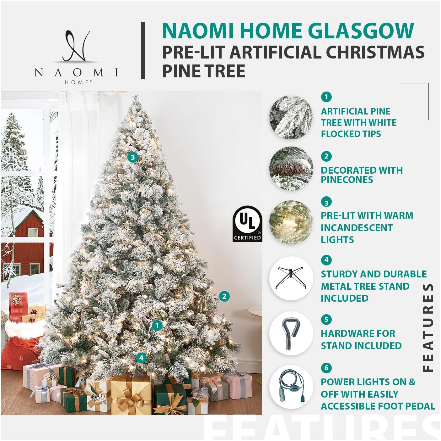 Naomi Home Artificial Christmas Tree with Lights, Prelit Christmas Tree, Christmas Tree with Lights, Pine Christmas Trees, Hinged White Christmas Trees with - Tips - Green 9 Ft/Frosted