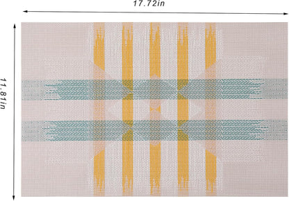 CADONO Placemats Set of 4 Washable Indoor/Outdoor Vinyl Place Mats for Dining Table Durable Non-Slip Heat Resistant PVC Weave Table Mats（Beige Green Cross）
