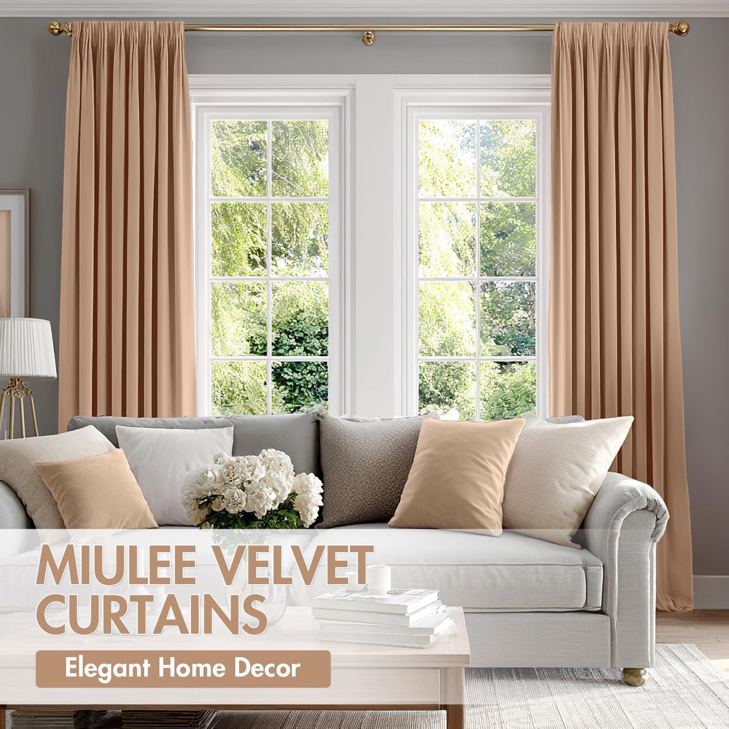 MIULEE Blush Beige Velvet Curtains Thermal Insulated Blackout Curtain Drapes for Bedroom Living Room Darkening 108 Inches Long Curtains Panels Rod Pocket Set of 2