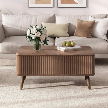Lift Top Coffee Table with Storage,Mid Century Modern Coffee Table,Fluted Wood Rectangle Center Table for Living Room,Home Office,Walnut
