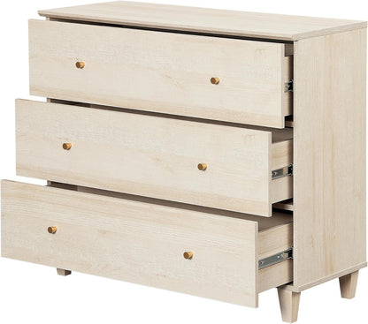 WAMPAT Bedroom Dresser with 3 Drawers, 35.4" Wide Wood Kids Dressers, Chest of Drawers, Modern Closet Organizer Bachelors Chest w/Solid Wood Legs for Living Room, Baby Room, Nursery, Light Oak