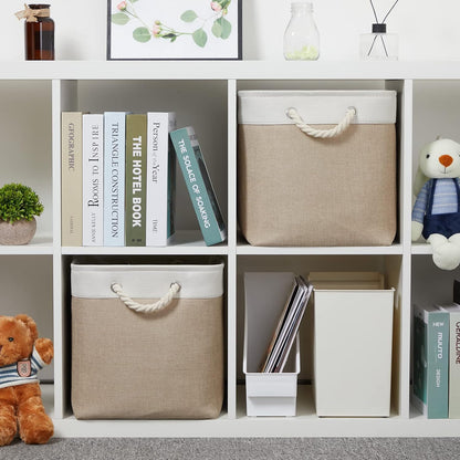 Temary Fabric Storage Baskets 2 Pack Decorative Storage Bins Basket for Gifts Empty Shelf Baskets with Handles for Organizing Home Closet, Towels (White&Khaki,16Lx12Wx12H Inches)