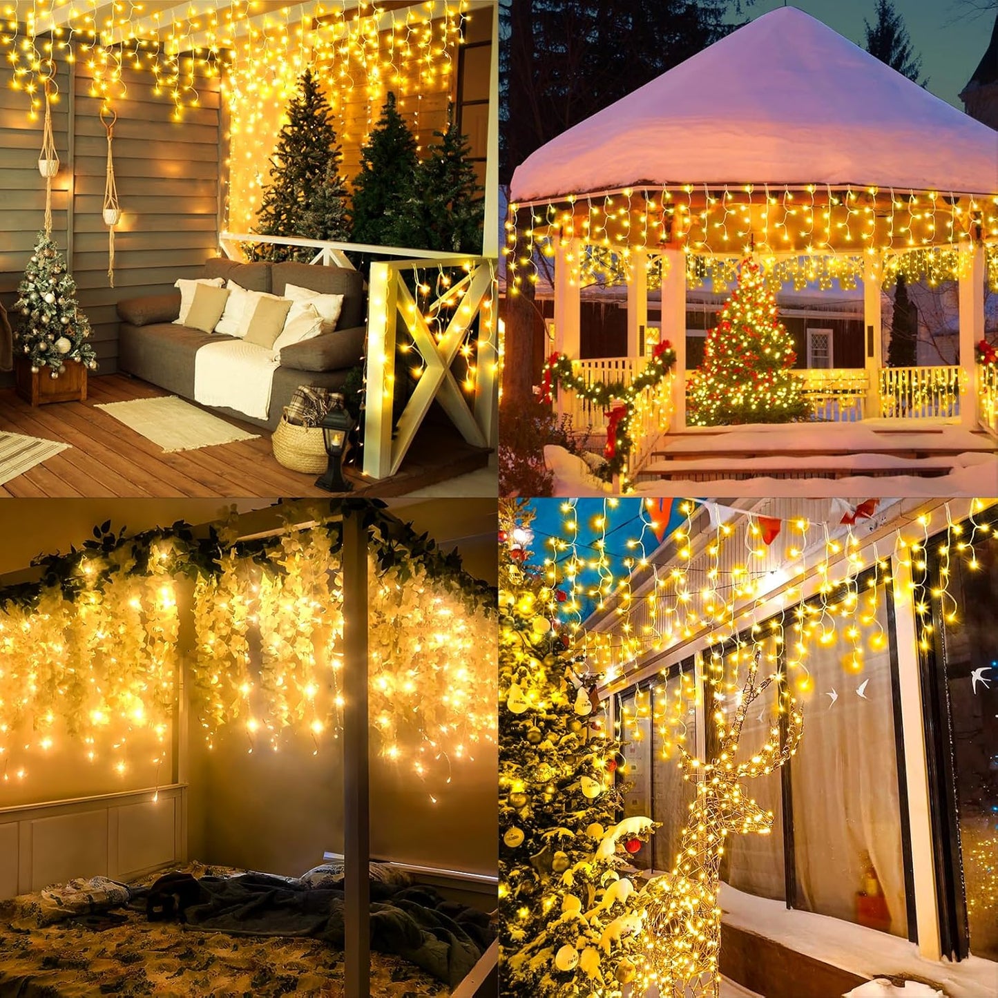 KNONEW Christmas Lights Outdoor Decorations 400 LED 33ft 8 Modes Curtain Fairy String Light with 75 Drops, Clear Wire LED String Light Indoor Decor for Wedding Party Christmas Decorations Warm White