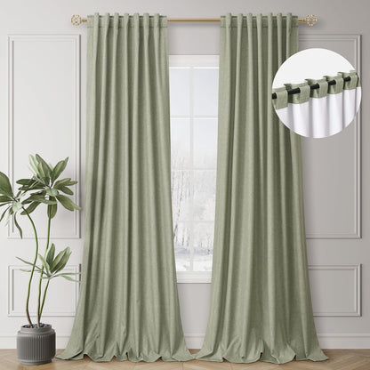 BOODII Sage Green Blackout Curtains for Bedroom 90 Inch Length Off White Black Out Drapes Modern Aesthetic Decorative Curtains for Nursery Boy Thermal Insulated Noise Reducing Linen Textured Curtain
