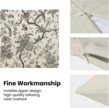 CXMEIFLY Spring Floral Birds Pillow Covers 16 x 16 Inch Set of 2 for Chinoiserie Flowers Decor Throw Pillows Black and White Plant Outdoor Decorative Cushion Cases for Couch Bed Decorations