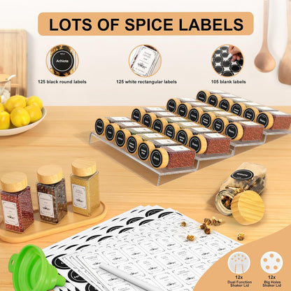 24 Spice Jars with Spice Drawer Organizer, 355 Spice Labels, 4 Pack Expandable From 11'' to 21'' Acrylic Spice Rack for Drawer, Seasoning Containers Storage Organization for Kitchen Cabinet Countertop