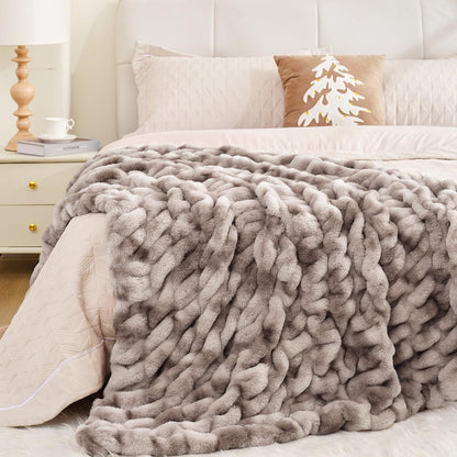 Touchat Ruched Faux Rabbit Fur Throw Blanket, 700 GSM Luxury Dual-Sided Soft Cozy Blanket, Fuzzy Fluffy Plush Blanket for Bed, Couch and Sofa - 50"x60", Tie-dye Coffee