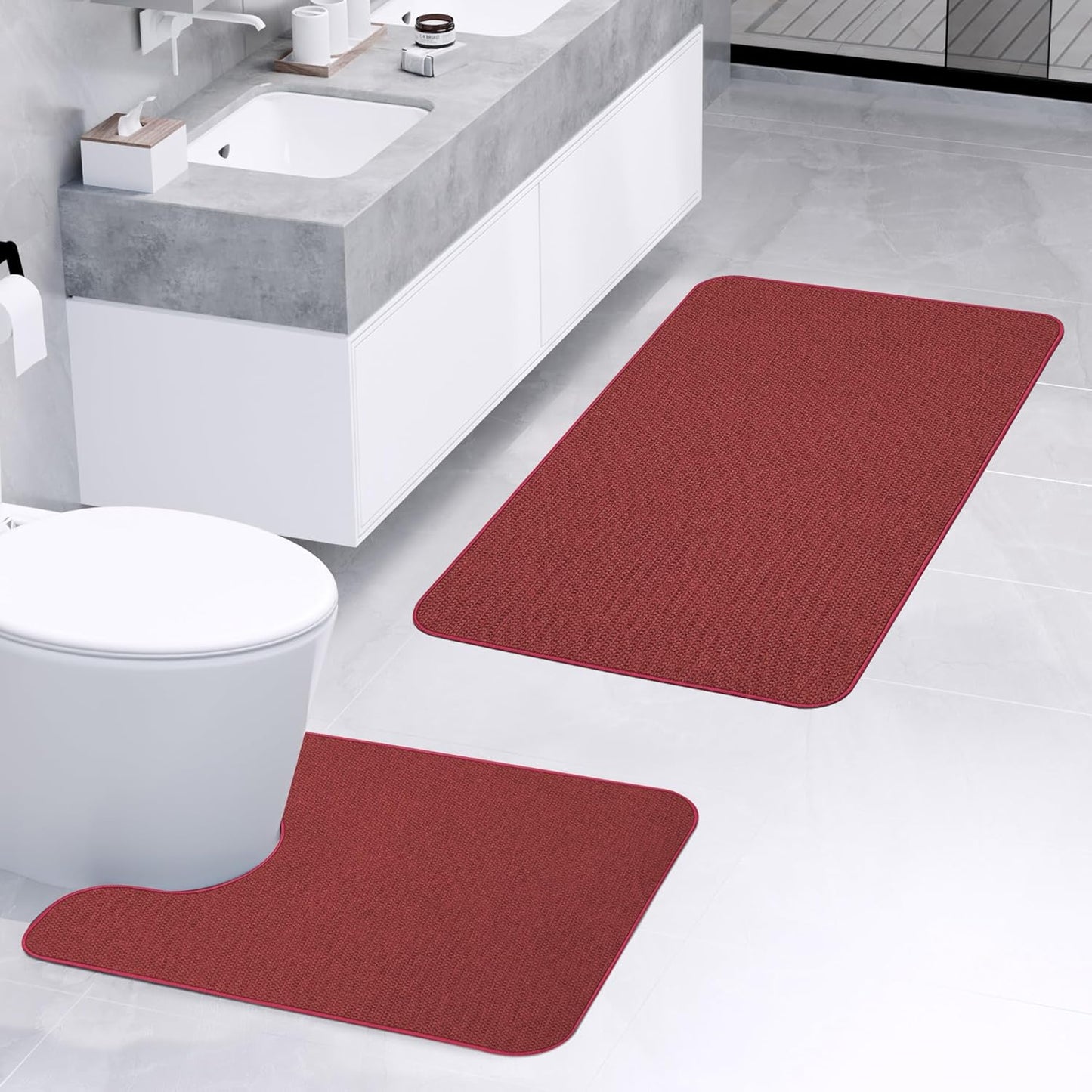Bathroom Rugs Set 2 Pieces,Thin Bathroom Mats,Toilet Rugs,Quick Dry,Non-Slip,Machine Washable,Low Pile,Absorbent Bath Mats,Shower,Sink,Home Decor Accessories.Red,1'5"x2'3"+1'8"x2" U Shape