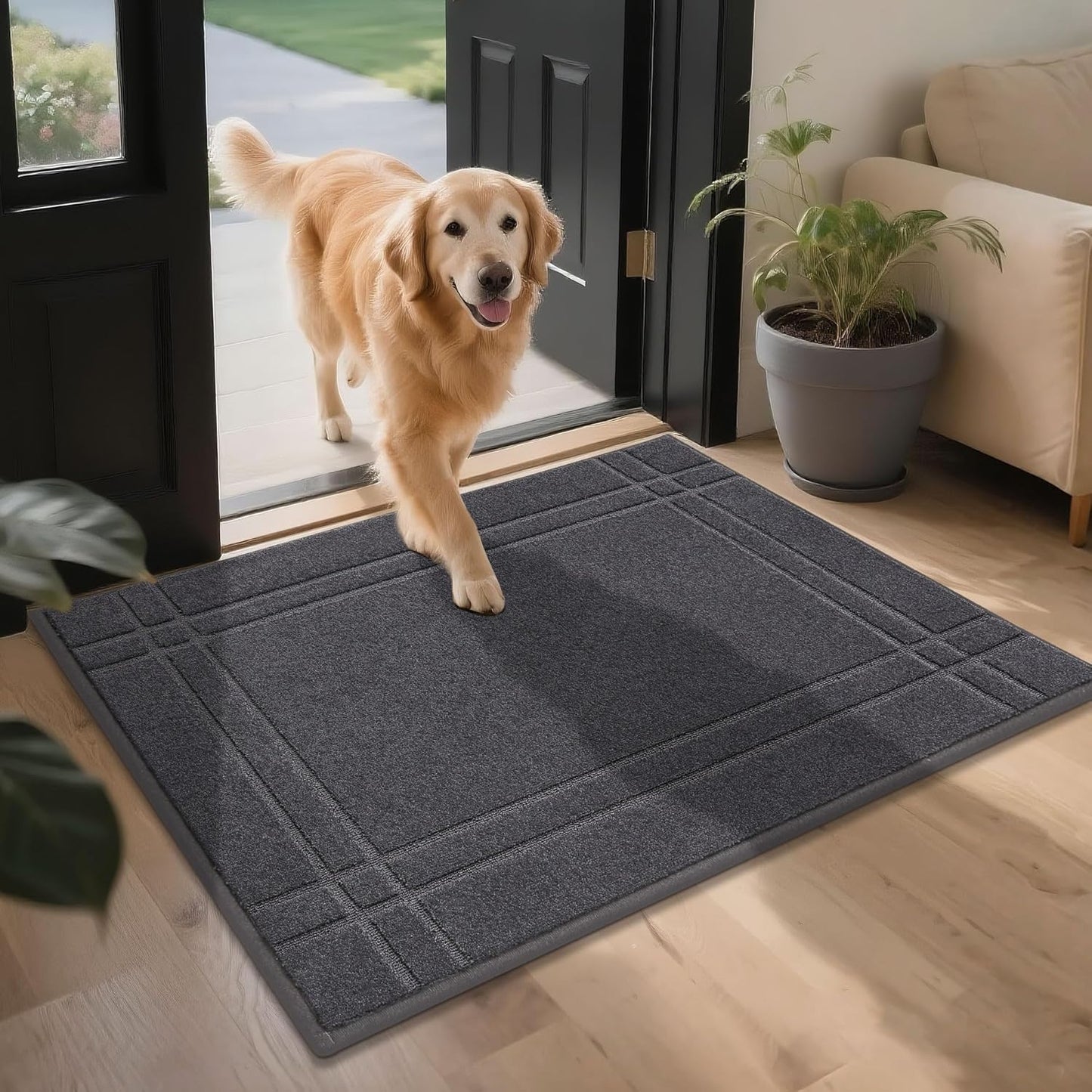 JSEI Entryway Rugs Doormat 32"x48", Non-Slip Dirt Trapper Door Mats Indoor, Washable Absorbent and Stain Resist Welcome Floor Mat for Front Door, Dog Door Mat, Muddy Wet Shoes & Paws, Dark Grey