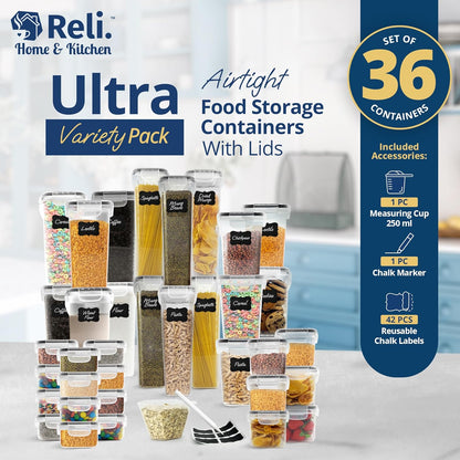 Reli. Airtight Food Storage Containers with Lids (36 Sets) | Kitchen Organizers and Storage Pantry Organizers | BPA Free Plastic Food Containers | Ultra Variety Pack w/Measuring Cup, 42 Labels, Pen