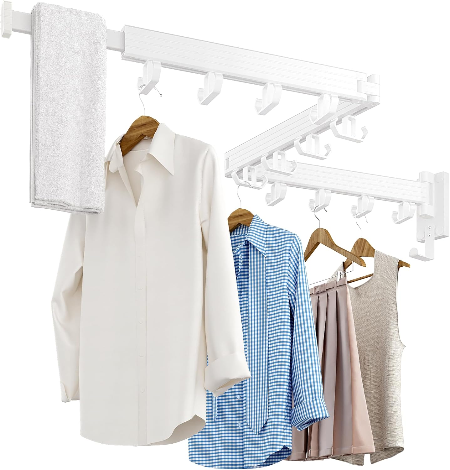 Clothes Drying Rack Wall Mounted, Retractable Drying Racks for Laundry, Foldable Drying Rack With 12 Hooks, Sturdy Tri-Fold Wall Mounted Space Saver for Laundry Room Balcony Bathroom - 49.8", White