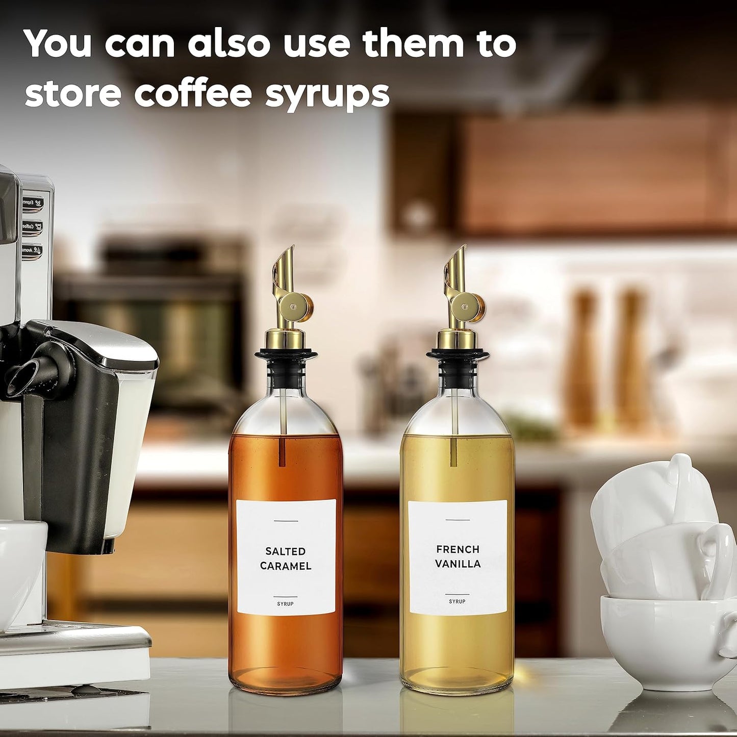 Olive Oil Dispenser Bottle - Includes 55 Kitchen Essential Labels - Cooking Oil Bottles for Kitchen, Coffee Syrup Dispenser - Pourer Spout with 16.9 fl oz Glass Container Cruet - 2pcs, Gold