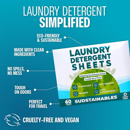 Sudstainables Laundry Detergent Sheets (60 Loads) – Eco-Friendly, Zero Waste, Plastic-Free Laundry Washing Machines Soap Sheets; Dissolvable, Space-Saving Strips for Travel (Fresh Linen)