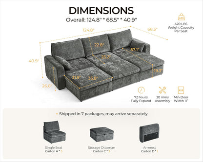 Oversized Modular Sofa Comfy Cloud Couch with Storage, Extra Deep Plush Sectional Sofa Set for Living Room, Covers Washable, Chenille, Olar (Grey, 6-Seater with 3 Ottomans, Sleeper)