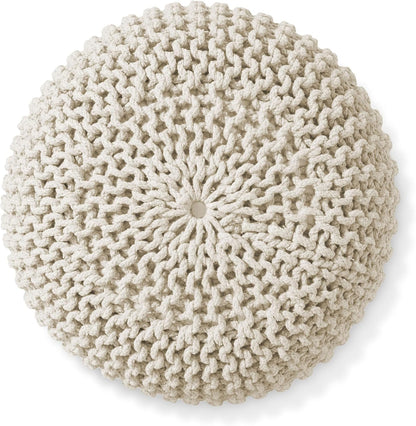 Casafield Round Pouf Ottoman, Natural - 20" Diameter x 14.5" High Cotton Knit Foot Stool - Boho Floor Pouffe for Living Room, Bedroom, Home Office