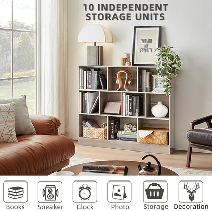 LEYAOYAO 10 Cube Bookshelf with Base,3 Tier Mid-Century Modern Grey Bookcase,Standing Wide Bookshelves Storage Organizer Shelf,Rustic Wood Display Cabinet Book Shelves for Bedroom,Living Room,Office