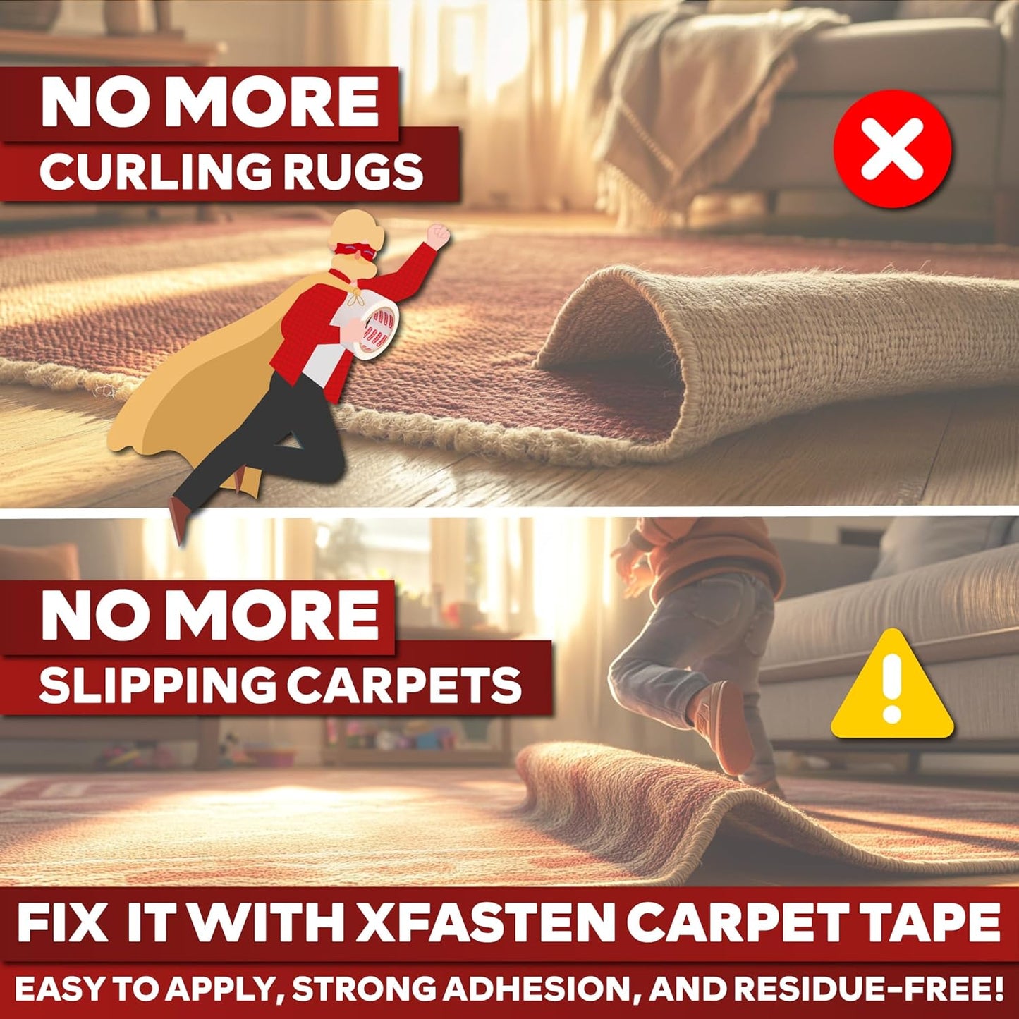 XFasten Double Sided Carpet Tape for Area Rugs, 2 Inch x 30 Yards (6-Pack) – Heavy Duty Anti Slip Rug Grip Tape, Works as Rug Gripper, Wood Safe, Easy Removal for Hardwood and Laminated Floors