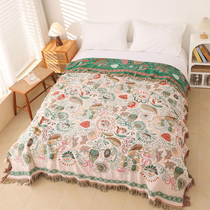 Snycler Cotton Bed Throw with Tassels, Double-Sided Bohemian Spring Flowers Plants Throws for Sofas, 80x90 inch Woven Warm Blanket for Single Sofa, Bedspread and Settee Couch Travel Green
