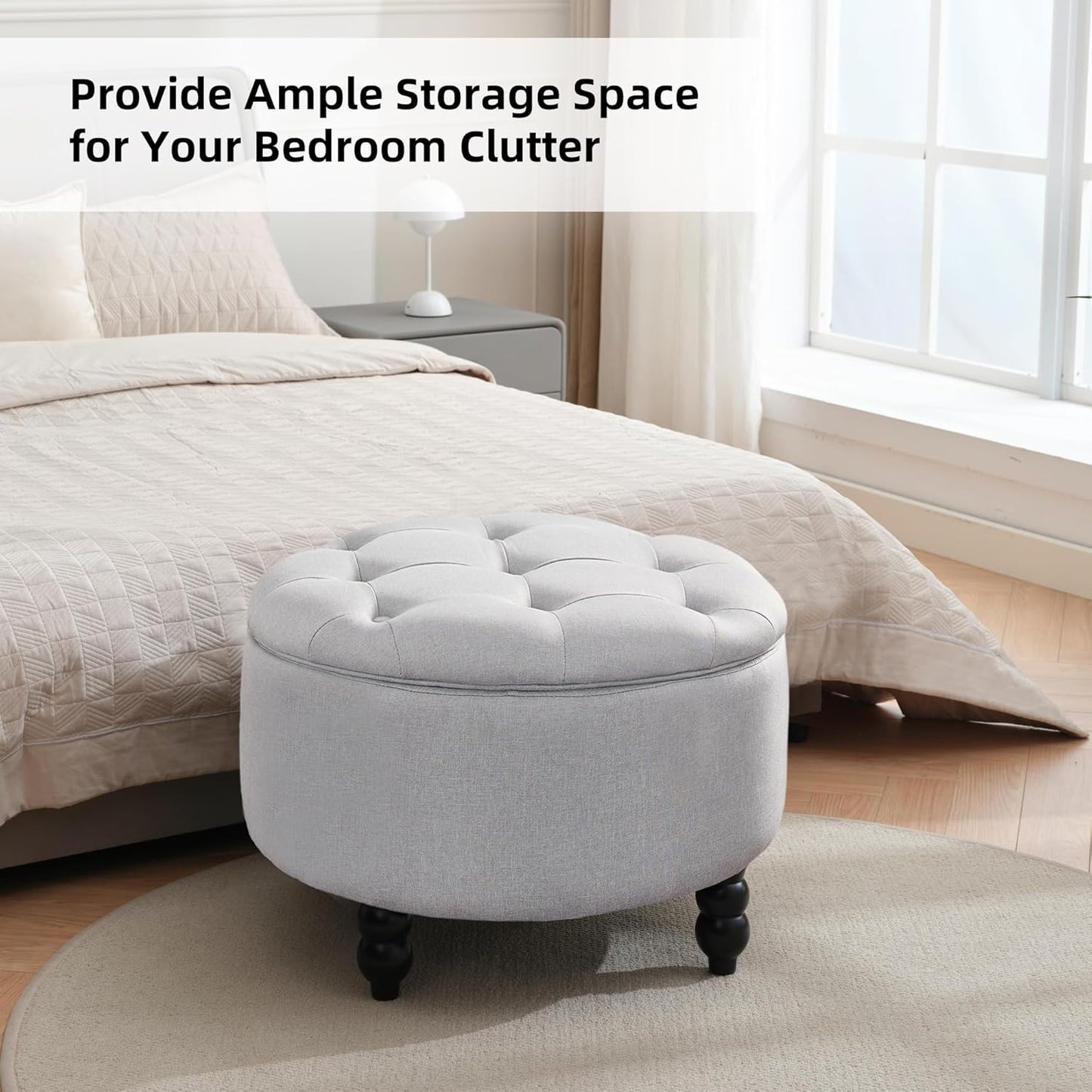 Fabric Round Ottoman with Storage, Upholstered Tufted Storage Footstool, Modern Wooden Coffee Table for Living Room, Bedroom,Light Grey