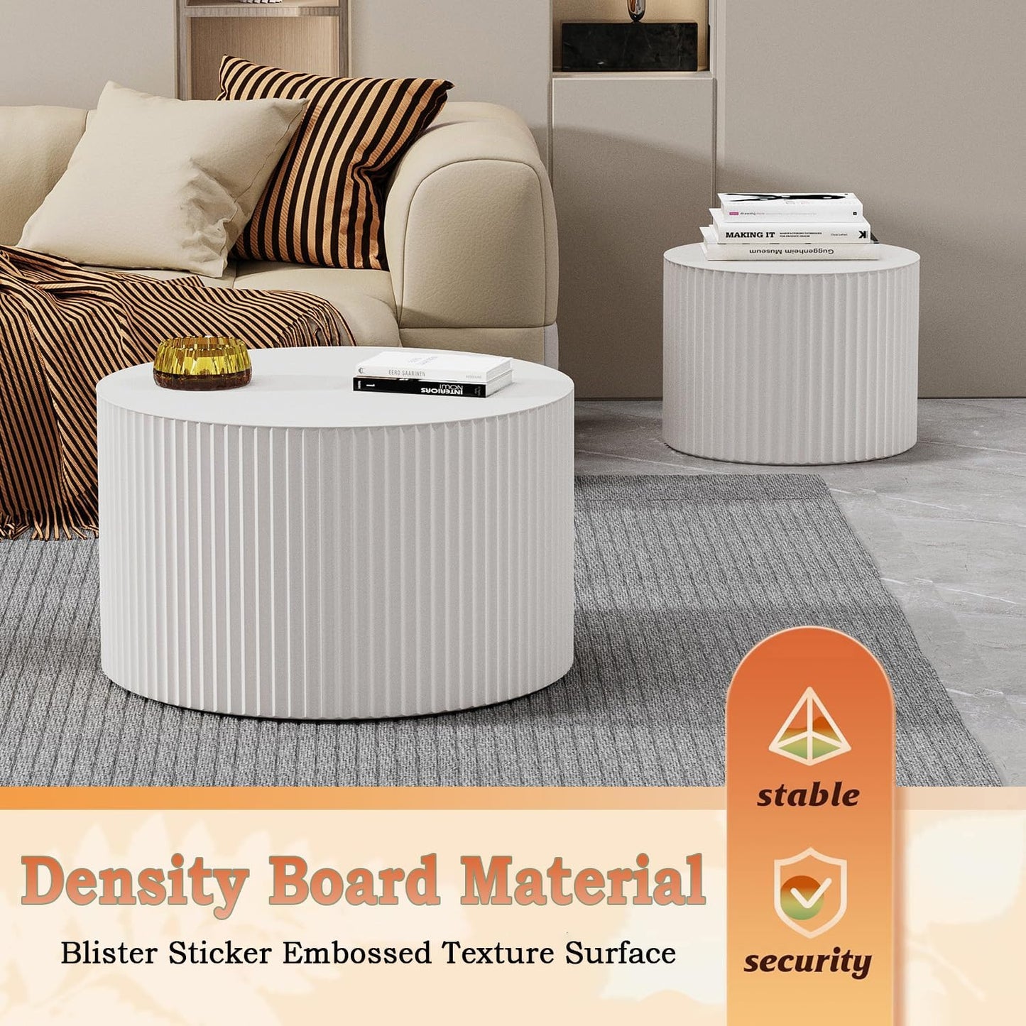 Round Nesting Coffee Table Modern Fluted Coffee Table Set of 2 Circle Drum Coffee Tables Small Round Accent Side End Table for Living Room No Assembly (White A 27in)