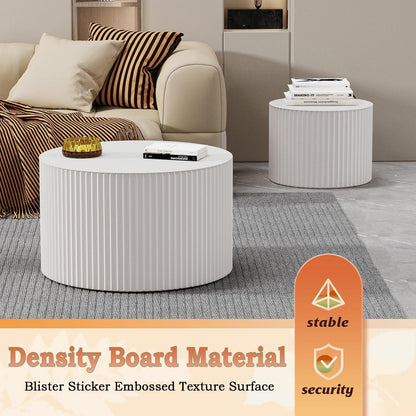 Round Nesting Coffee Table Modern Fluted Coffee Table Set of 2 Circle Drum Coffee Tables Small Round Accent Side End Table for Living Room No Assembly (White A 27in)