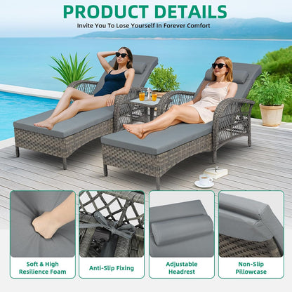 VIVIJASON 3 Pieces Outdoor Wicker Chaise Lounge Chair Set, All-Weather PE Rattan Cushioned Patio Lounger Set of 2 with Side Table, Adjustable Pool Sunbathing Recliner with Armrest & Pillow, Gray