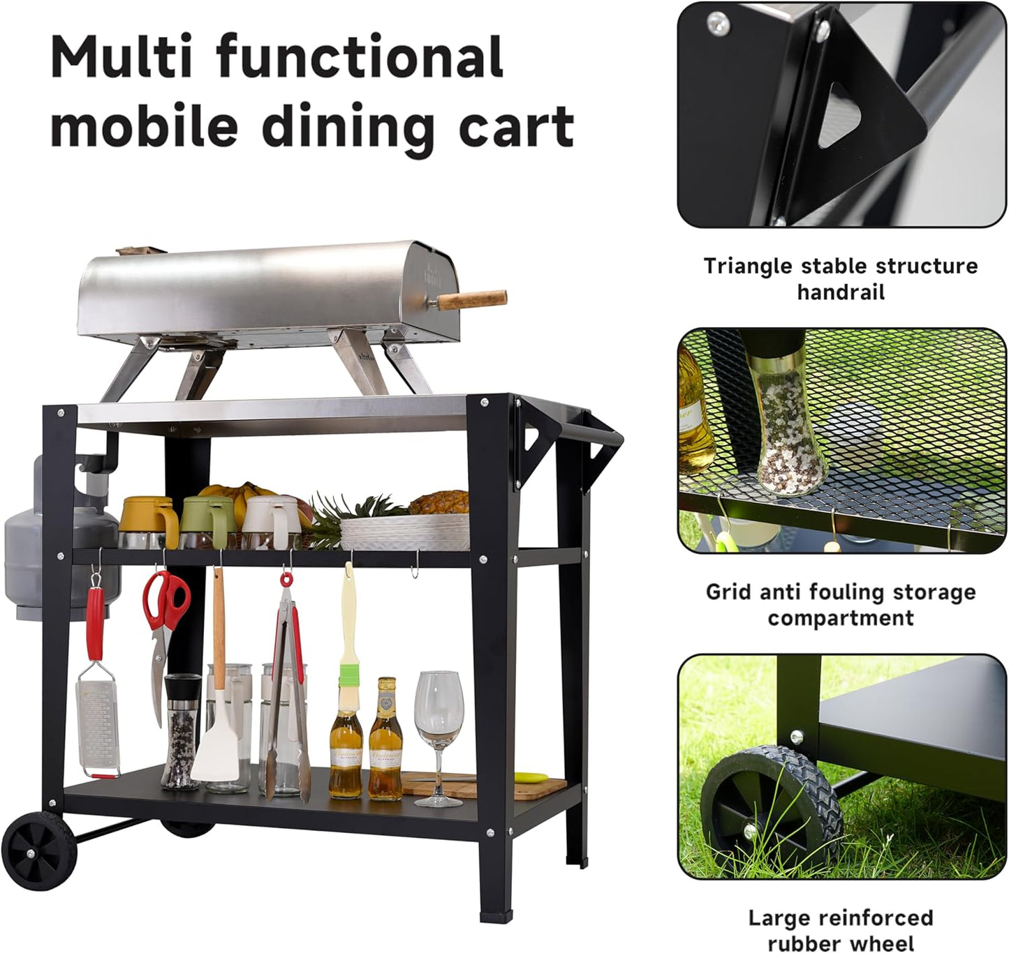 Stainless Steel Outdoor Grill Cart with Wheels, Heavy-Duty 3-Tier BBQ Prep Table for Pizza Oven, Griddle, Patio – Rustproof Commercial Kitchen Cart with Tool Hooks