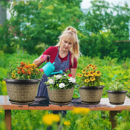 4 Pack 16 Inch Planter,Large Plastic Flower Pots Outdoor Indoor with Drainage Holes & Trays, Retro Antique Imitation Decorative Garden Plant Pots Outdoor for Houseplants