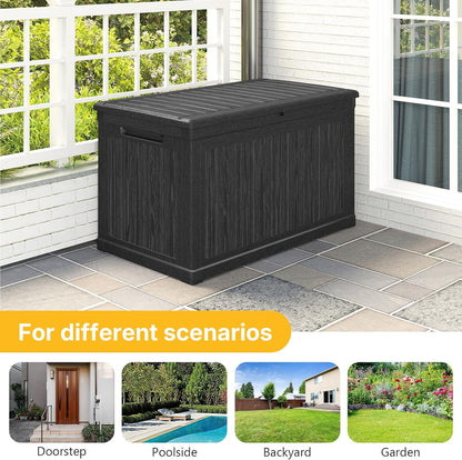 230 Gallon Deck Box Outdoor Waterproof, Large Storage Box Lockable, Black Deck Storage Bench, 440 lbs Load Capacity Outdoor Storage Bin for Garden, Patio, Pool, Boat
