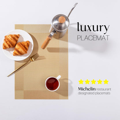 LEXMORE Placemats Set of 8 Vinyl/Plastic Woven Place Mats for Kitchen Table Indoor/Outdoor Washable Placemat Wipeable Dining Table Mats(Gold Cube)