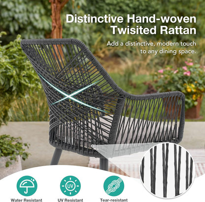 Patiorama Patio Dining Chair Set of 2, Woven Rope Outdoor Dining Chairs w/Steel Frame, All-Weather Twisted Rattan Chairs w/Armrest & Cushion, Outdoor Dining Wicker Chairs for Backyard Garden(Black)