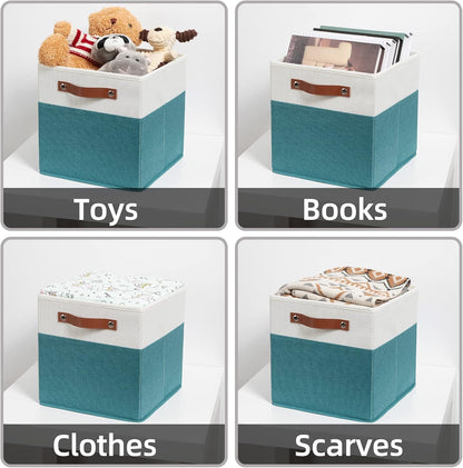 HNZIGE Fabric Storage Cube Bins Baskets for Organizing, 11 inch Cube Storage Bins, Set of 4, Collapsible Storage Bin with Handles, Closet Organizers and Storage Home Toy Nursery Bedroom(White Teal)