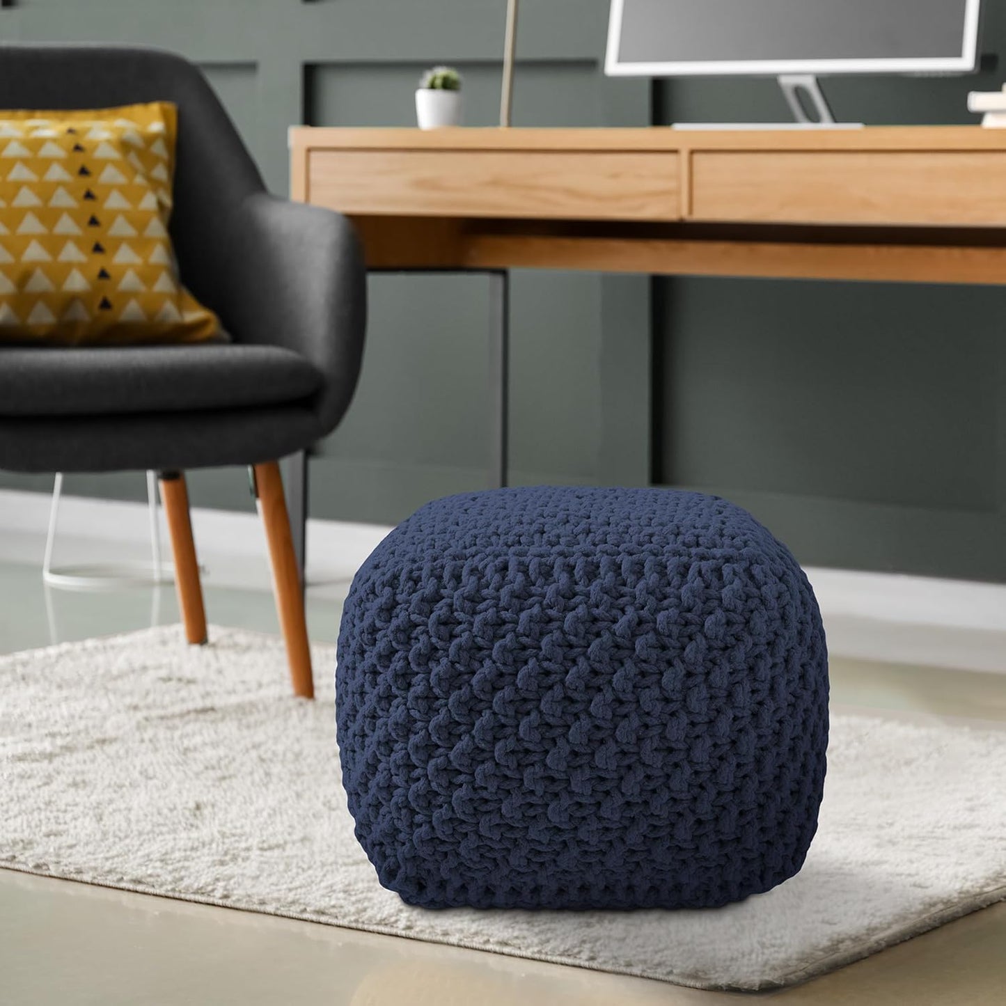 Casafield Square Pouf Ottoman, Navy Blue 18.5" W x 18.5" D x 14.5" H Cotton Knit Foot Stool - Boho Floor Pouffe for Living Room, Bedroom, Home Office
