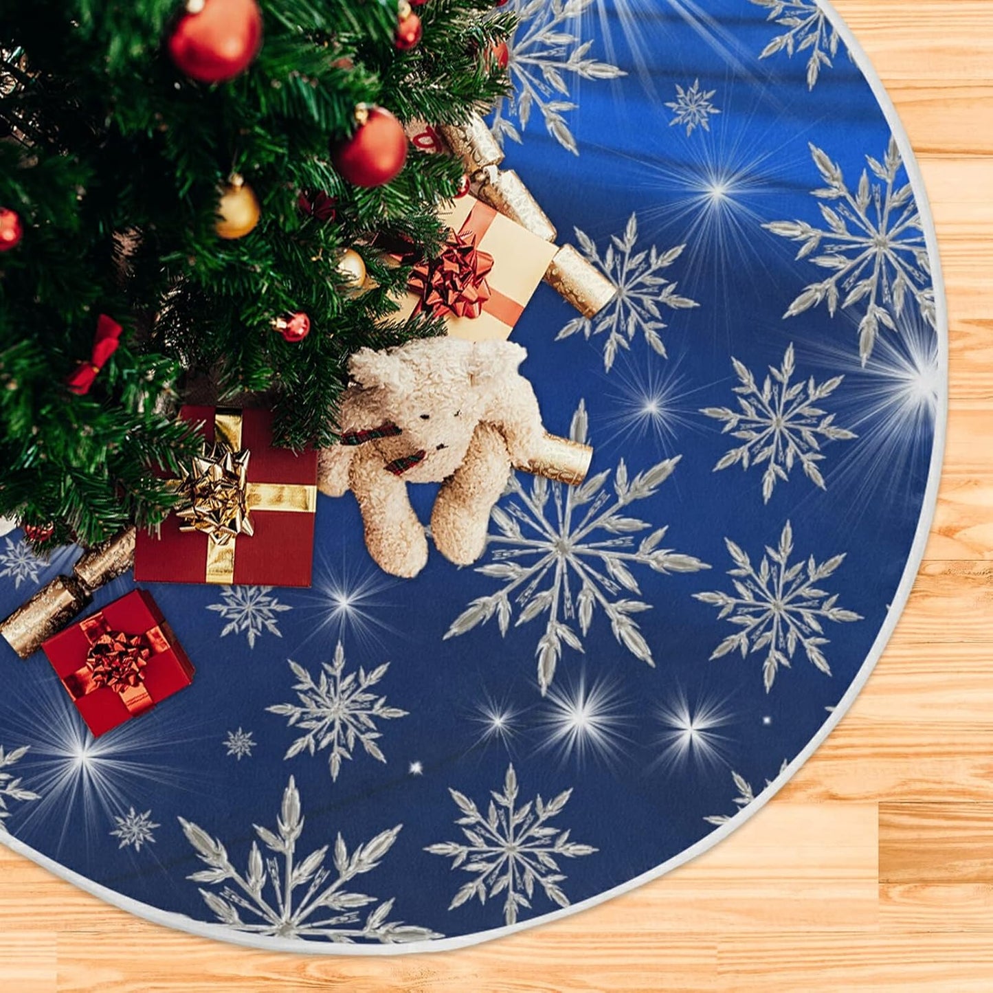 Christmas Blue Snowflakes Background Tree Skirt, Seasonal Tree Mat Holiday Party Supplies Ornaments Indoor Outdoor Decorations for Tabletop Trees 35.4 Inches