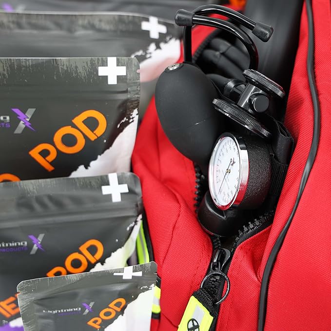 Lightning X MB30-SKC Large EMT Trauma Kit | Fully Stocked First Responder Bag w/ 240+ Supplies | EMS Fire Police Office Sports Team Emergency Medical Kit - RED