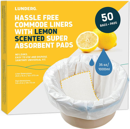 Lunderg Commode Liners with Absorbent Pads - Lemon Scent Medical Grade 50 Count Universal Fit - Disposable Bedside Commode Liners and Pads for Adult Chairs, Portable Buckets & Camping Toilet Bags