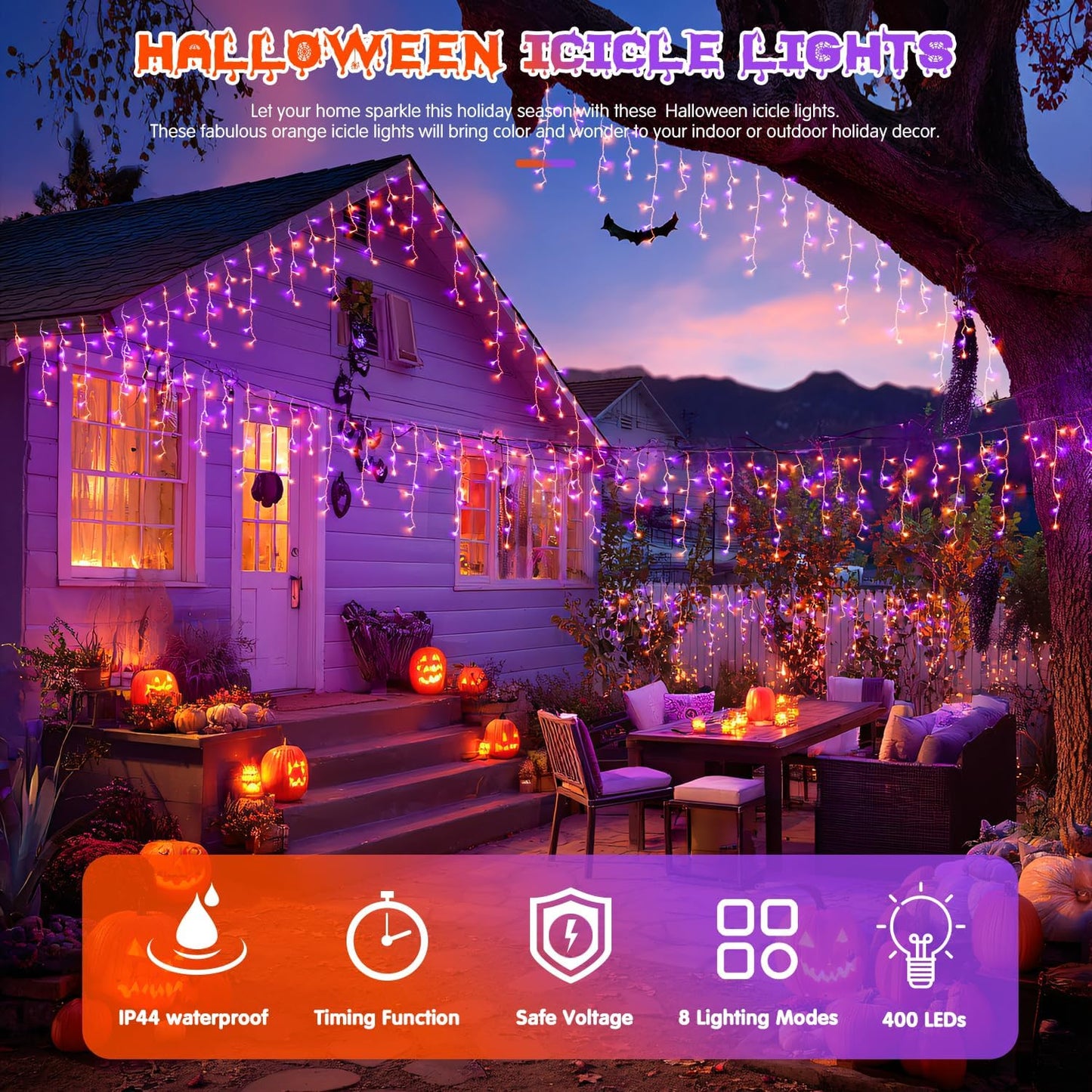JMEXSUSS 400 LED Orange and Purple Halloween Lights Outdoor, 38.8 FT Orange and Purple Icicle Light Outdoor Waterproof, 8 Modes Halloween Lights Plug in for House Christmas Party Decorations