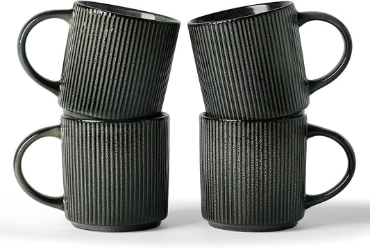 famiware Coffee Mug Set for 4, Star 12 oz Catering Mugs Cup Set with Handle for Coffee, Tea, Cocoa, Milk - Ceramic Stoneware Drinkware Set, Deep Forest