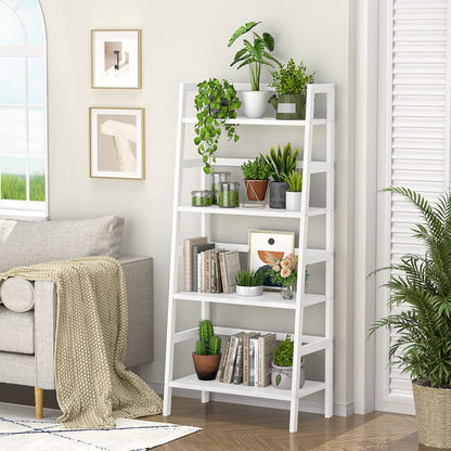 Homykic Bamboo White Bookshelf 4-Tier Ladder Shelf, 49.2” Freestanding Open Bookcase Book Shelf Bathroom Storage Shelf Unit Plant Stand for Small Space, Bedroom, Living Room, Home Office