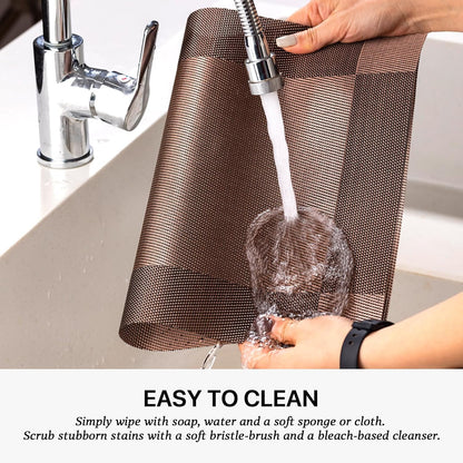 LEXMORE Placemats Set of 4 Vinyl/Plastic Woven Place Mats for Kitchen Table Indoor/Outdoor Washable Placemat Wipeable Dining Table Mats(Brown Cube)